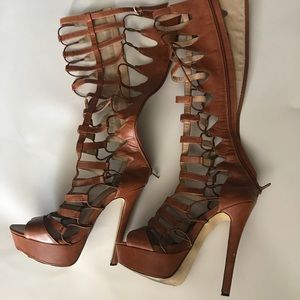 Brown knee high gladiator heels
